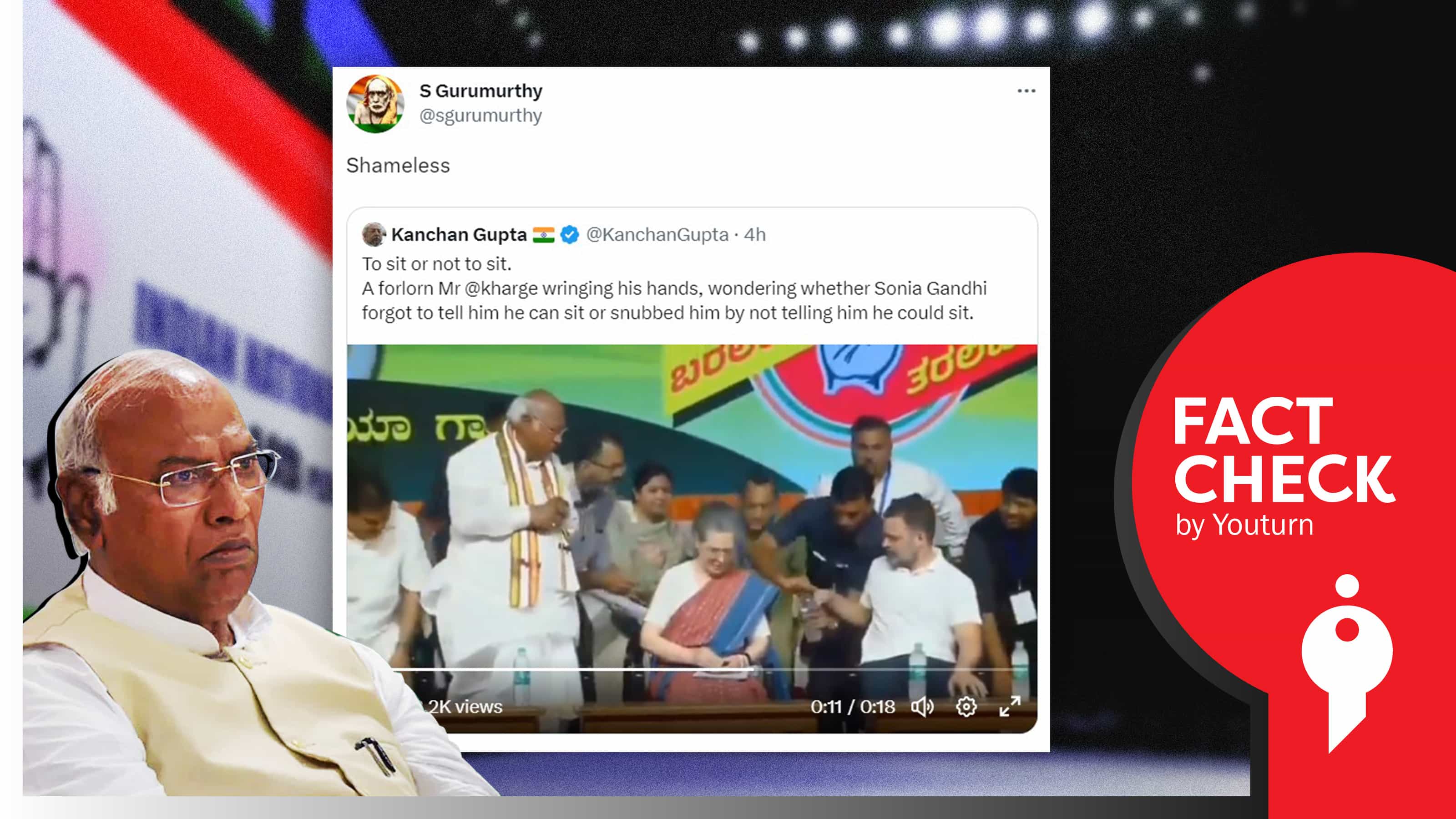 கர்நாடகாவில் சோனியா காந்தி உட்கார சொல்லாததால் கார்கே நிற்பதாக துக்ளக் குருமூர்த்தி பகிர்ந்த எடிட் வீடியோ !