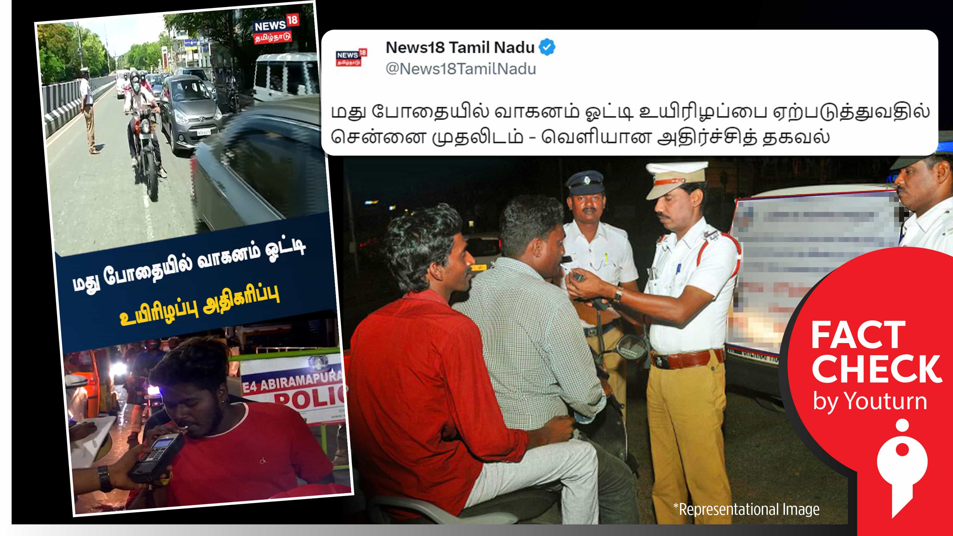 மதுபோதையில் வாகனம் ஓட்டி உயிரிழப்பை ஏற்படுத்துவதில் சென்னை முதலிடம் எனத் தவறான செய்தி வெளியிட்ட நியூஸ் 18 !