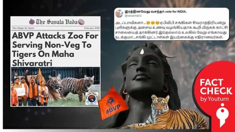 ‘சிவராத்திரி அன்று புலிகளுக்கு அசைவ உணவு வழங்கியவர்கள் மீது ABVP அமைப்பினர் தாக்குதல்’ எனப் பரவும் நையாண்டிப் பதிவு!