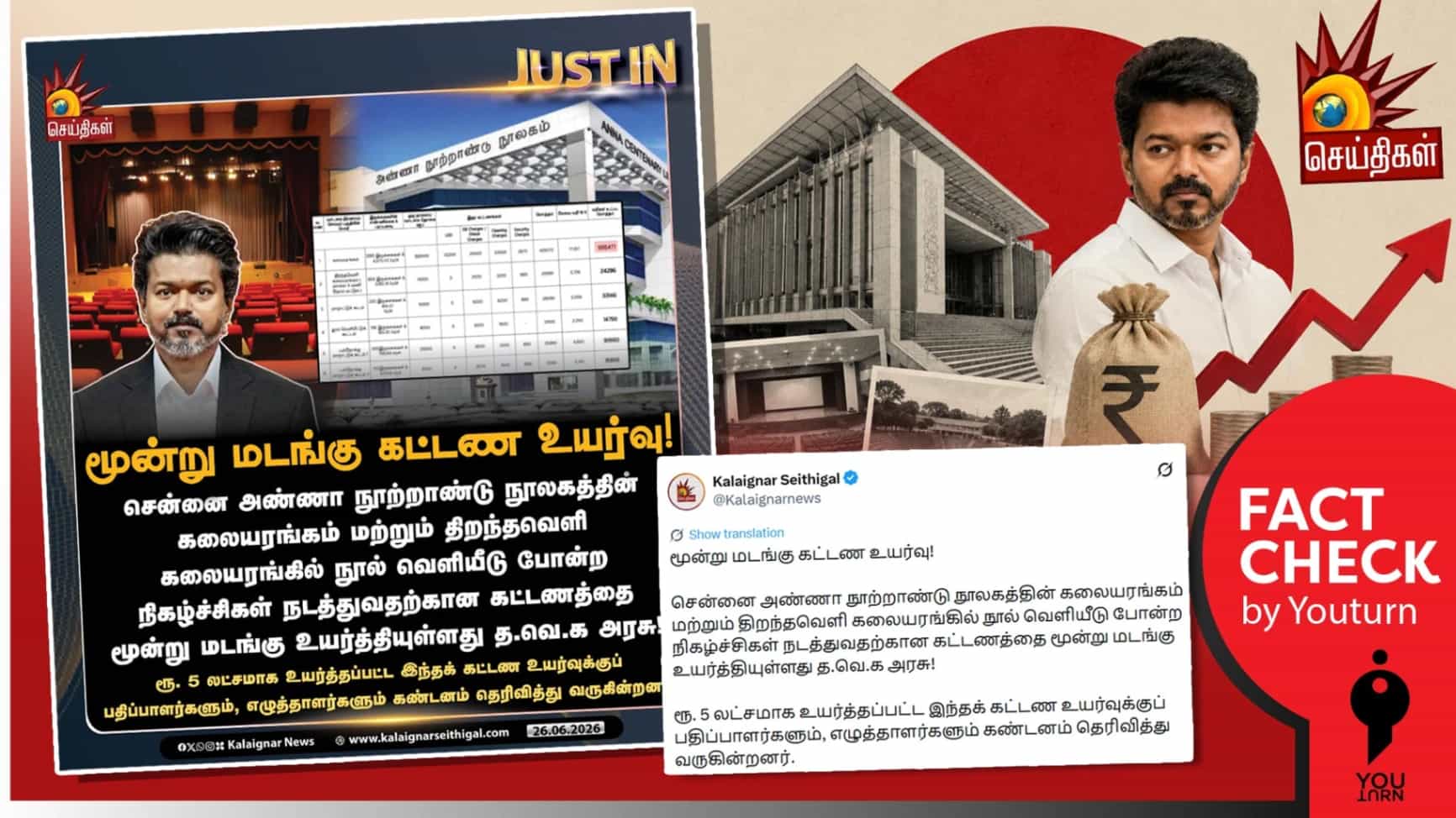 அண்ணா நூலகத்தின் அரங்குகளின் வாடகையை தவெக அரசு உயர்த்தியதாக தவறான செய்தி வெளியிட்ட ‘கலைஞர் செய்திகள்’!