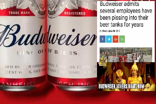 Budweiser நிறுவன பீர் தொட்டியில் ஊழியர்கள் சிறுநீர் கழித்ததாக பரவும் வதந்தி !