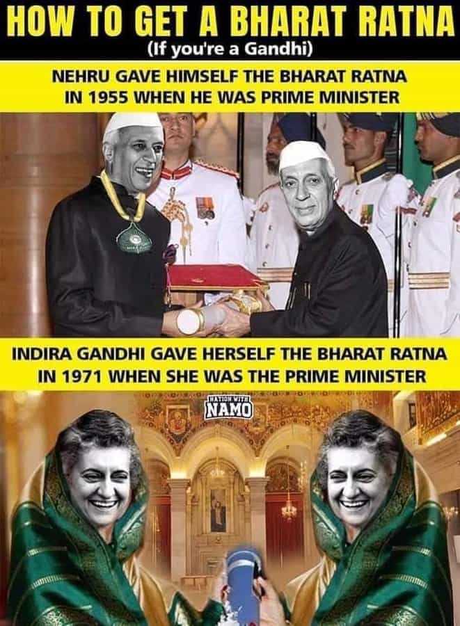 நேரு மற்றும் இந்திரா காந்தி தனக்கு தானே பாரத ரத்னா விருது வழங்கிக்கொண்டார்களா?