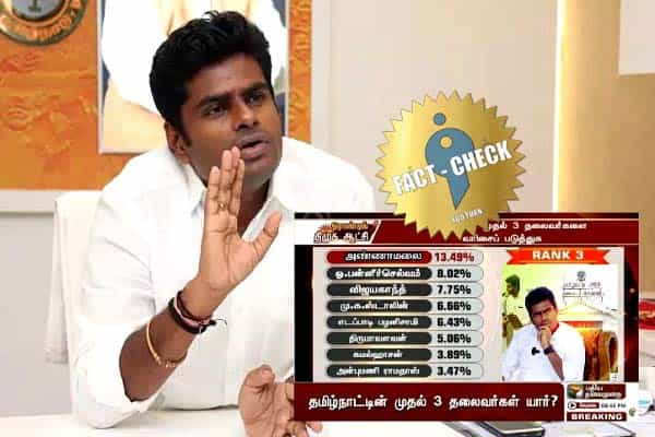 தமிழ்நாட்டின் அரசியல் தலைவர்களில் அண்ணாமலை முதலிடம் எனப் பரவும் எடிட் செய்தி !