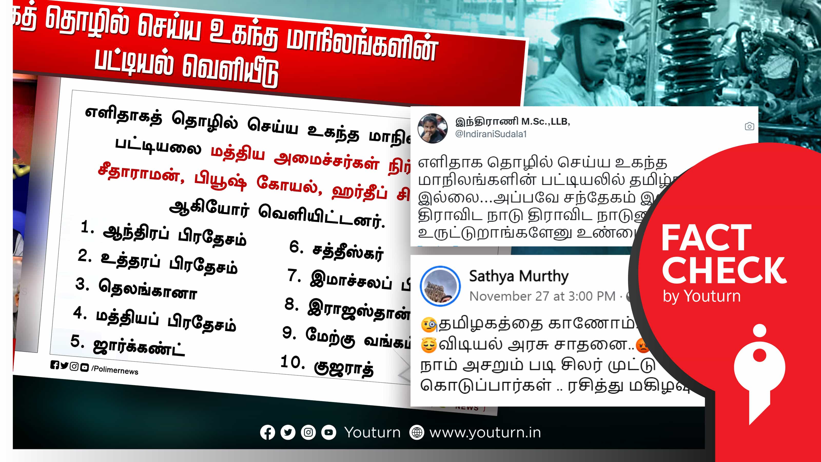 எளிதாகத் தொழில் செய்ய உகந்த மாநிலங்களின் பட்டியலில் தமிழ்நாடு இல்லை என பரப்பப்படும் பழைய செய்தி