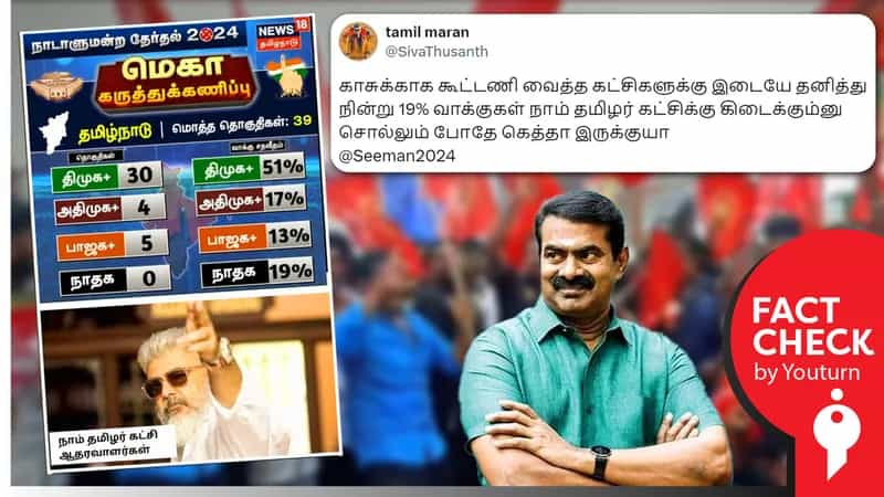 நாம் தமிழர் கட்சி 6 தொகுதிகளில் வெற்றி பெறும் எனக் கருத்துக்கணிப்பு வெளியாகியுள்ளதாகப் பரவும் பொய்!